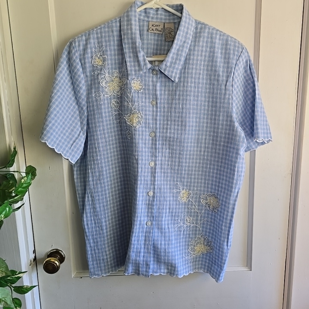 Koret Womens Short Sleeve Button Down Blue Plaid Blouse 16W